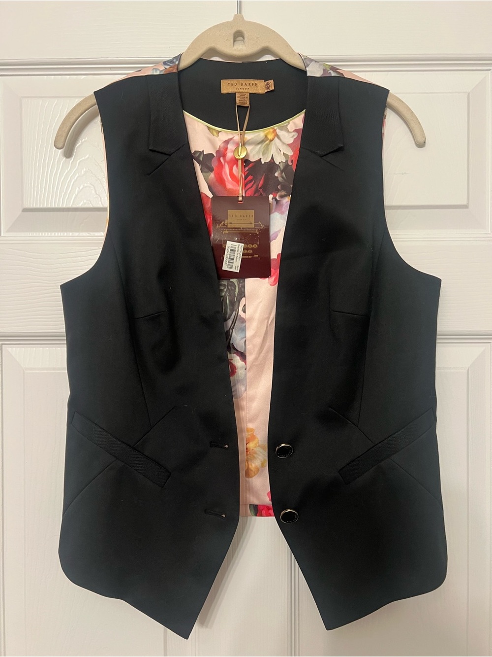 Ted Baker Black Sleeveless Tailored Vest with Floral Lining Accent